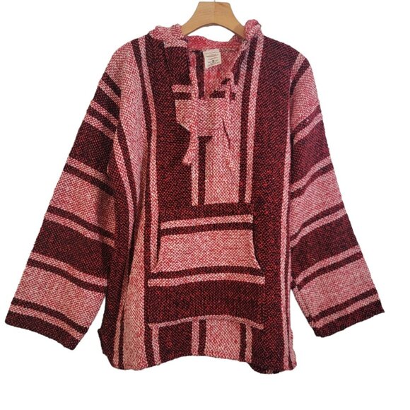 ARTILANA Baja Hoodie Sweater Boho Festival Red Striped Knit Hooded Unisex Medium - Picture 1 of 9